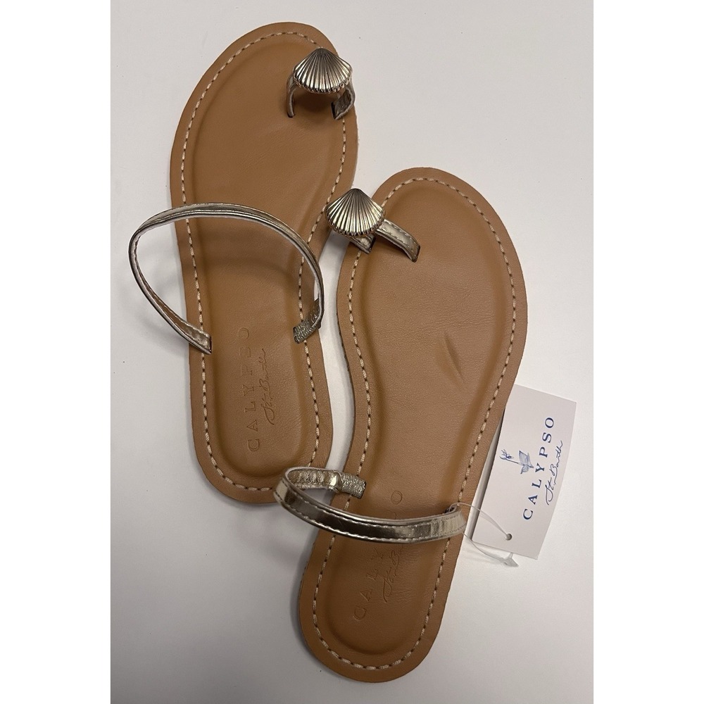 NWT Calypso St Barth Sz 7 Moray Gold Shell Sandals Flip Flops Slide Beach Cruise
